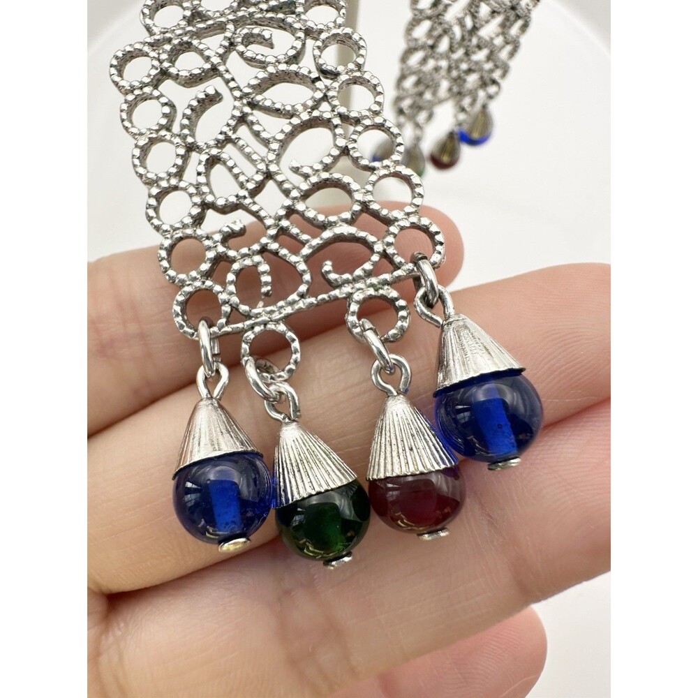 Vintage Silver Crown Trifari Filigree Glass Beaded  Clip On Drop Earrings - Picture 6 of 8